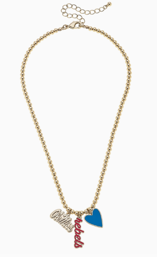 Ole Miss Shiny Ball Bead Charm Necklace